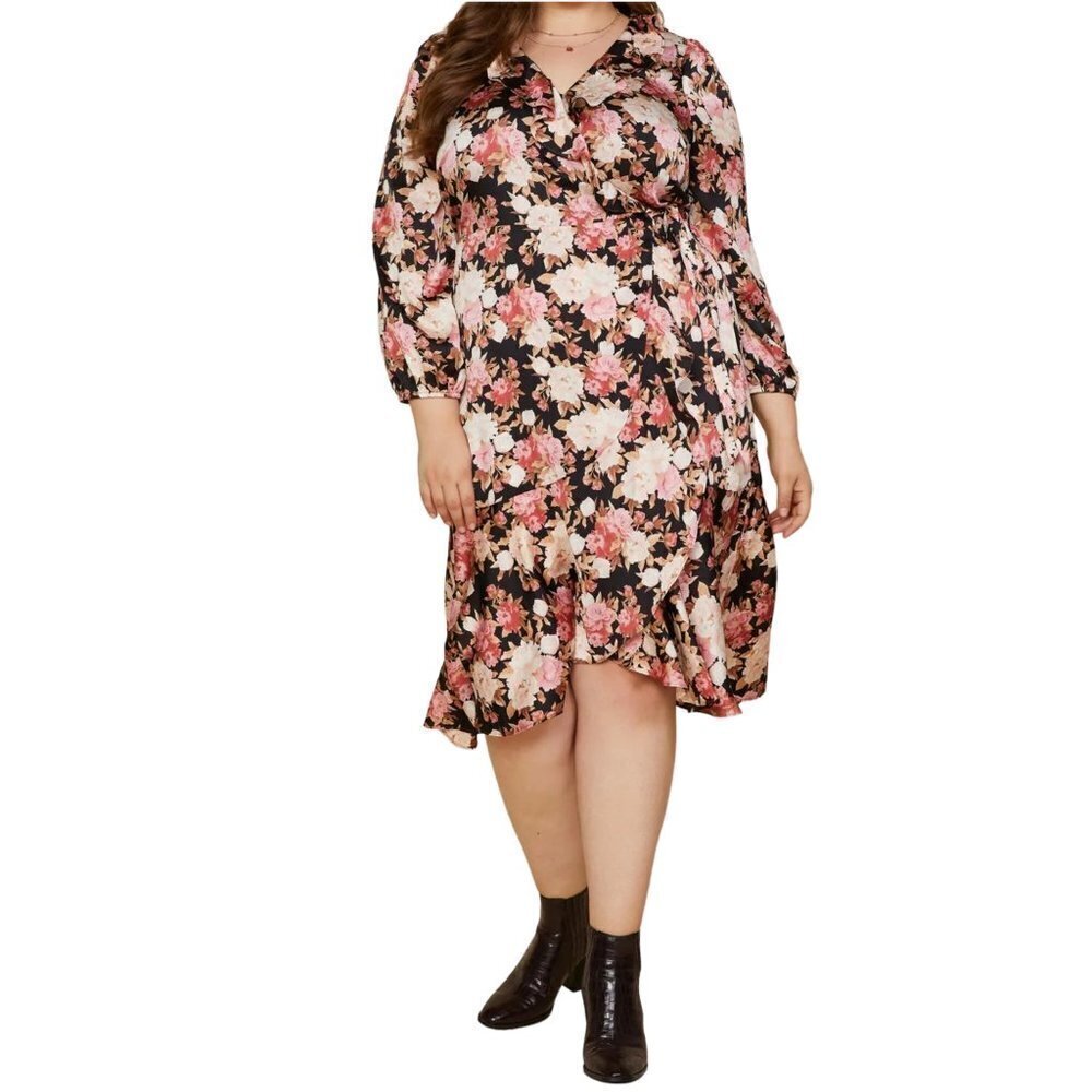 Plus Floral Wrap Midi Dress in Black and Pink